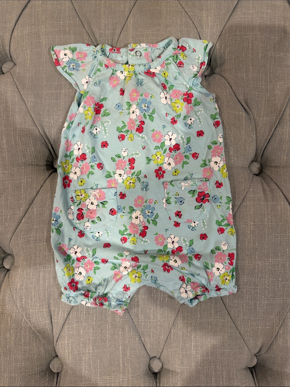 Baby Floral Short Sleeve Romper - Light Blue with Multicolor Flowers